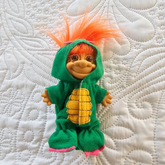 Vintage Troll Doll In Green Dinosaur Outfit With Orange Troll Hair - Picture 1 of 5